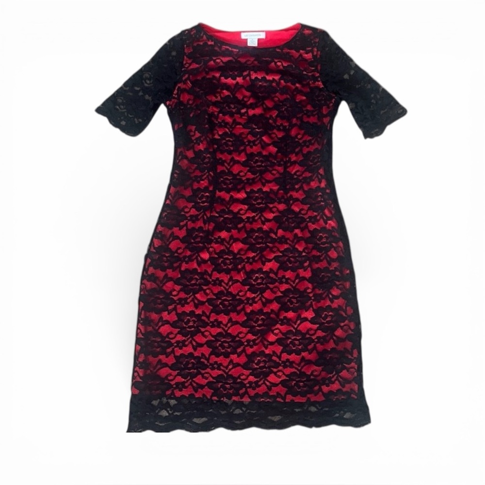 Liz Claiborne Red‎ Black Lace Overlay Sheath Midi Dress Stretch Size 6